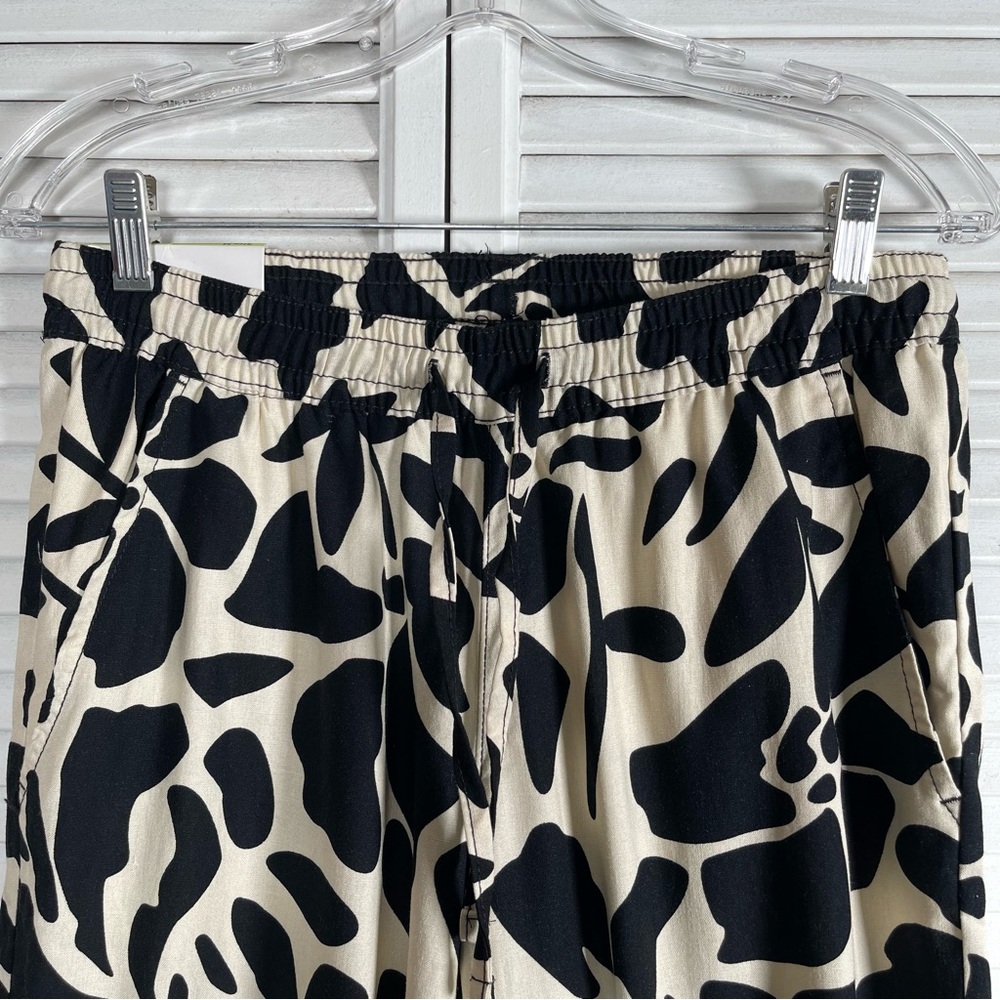 Serra Linen Pants M Wide Leg Black Beige Abstract Print Summer Resort Wear - Picture 3 of 11
